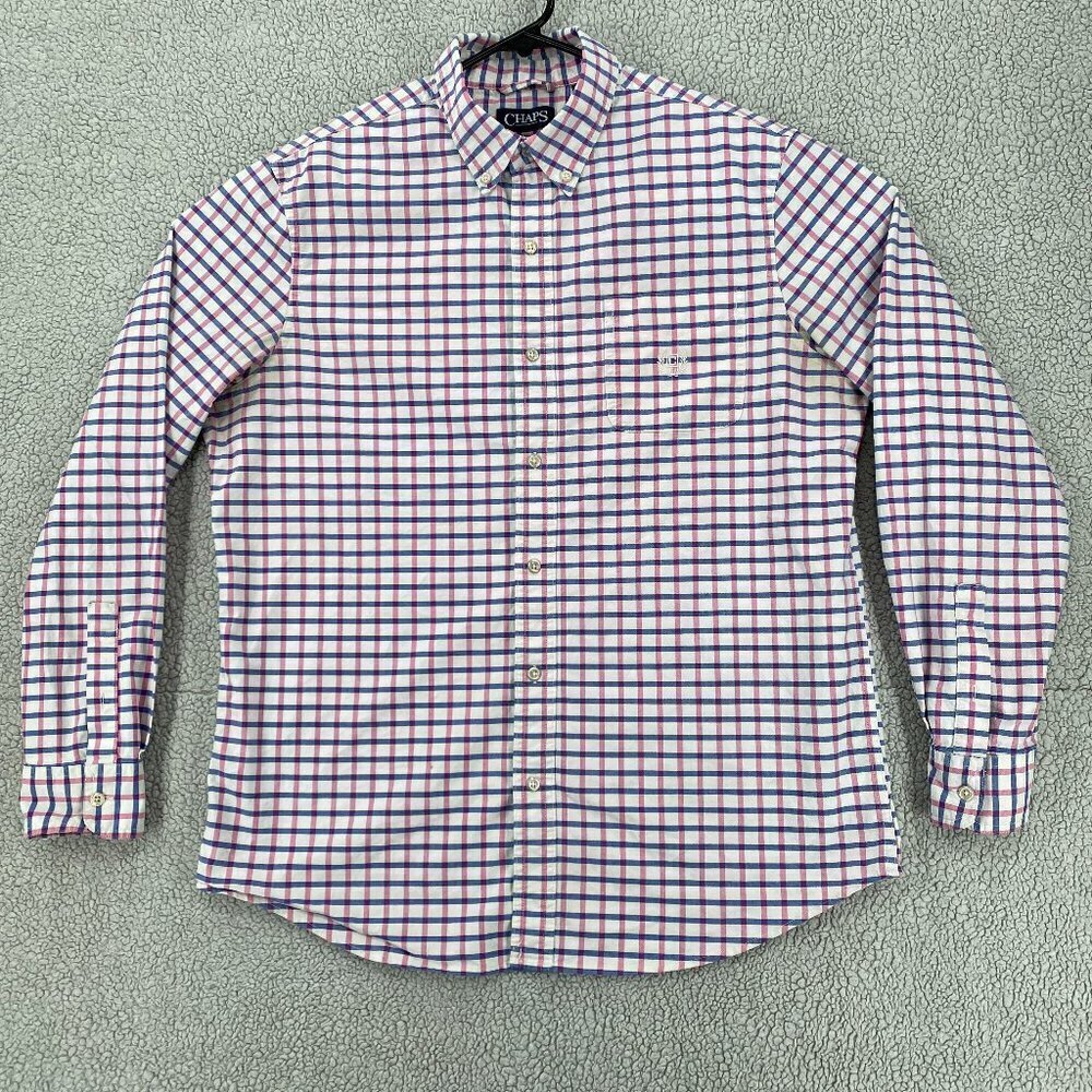 Chaps Shirt Men's Large Dark Pink Blue Plaid Long Sleeve Stretch Oxford Office